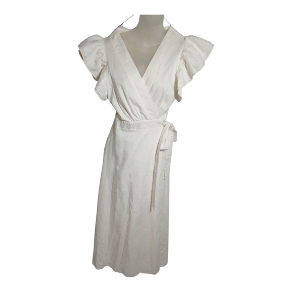 Amalie White Wrap V Neck Ruffle Sleeve Midi Dress Belted Fit & Flare Elegant 6 - Picture 5 of 9